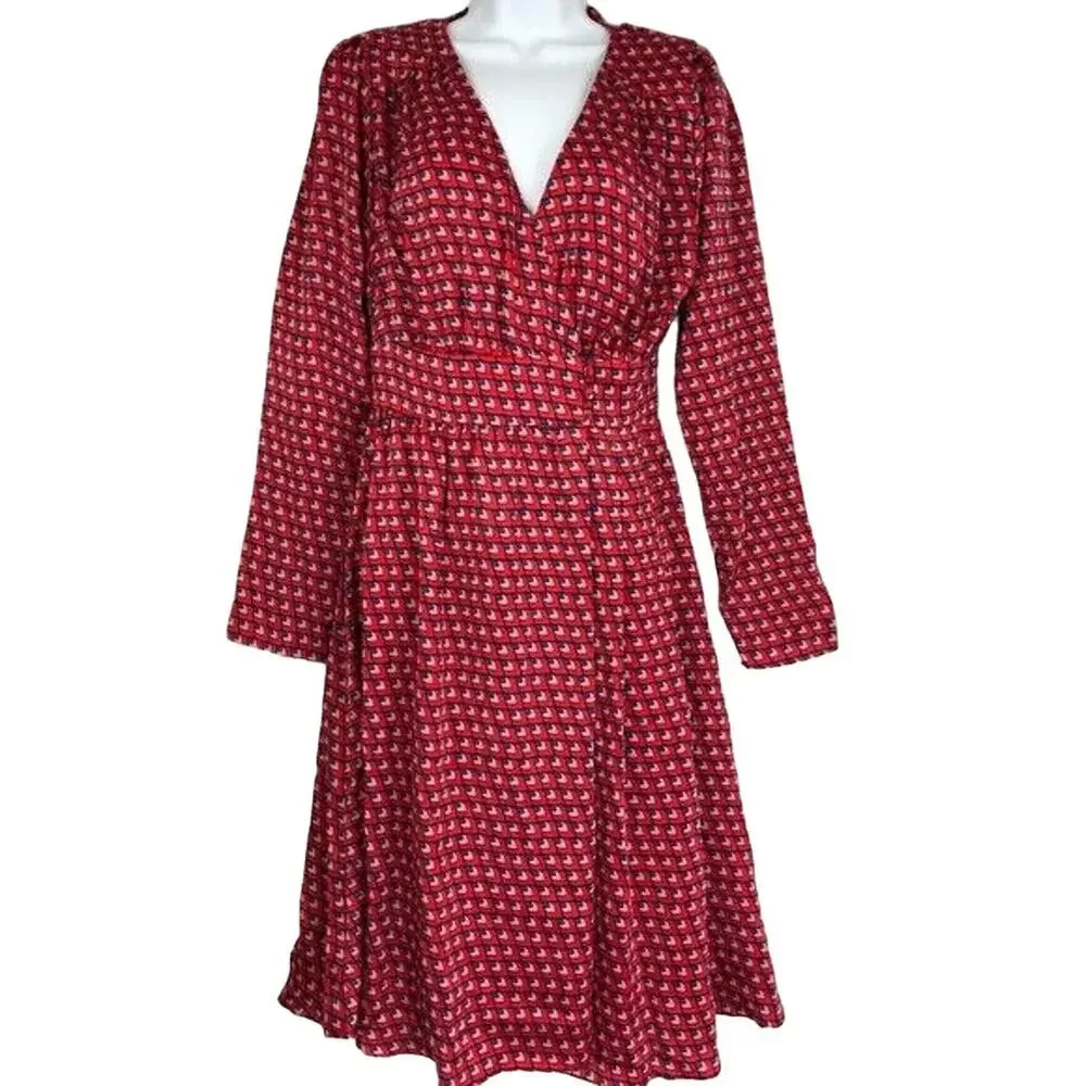 Halogen Midi Dress Womens Size 4 Red All Over Print V-Neck Long Sleeve Fit Flare